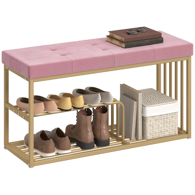 HOMCOM Bench and Shoe Storage, Tufted Shoe Storage Bench with Velvet Seat Cushion Gold Steel Frame for Entryway, Pink
