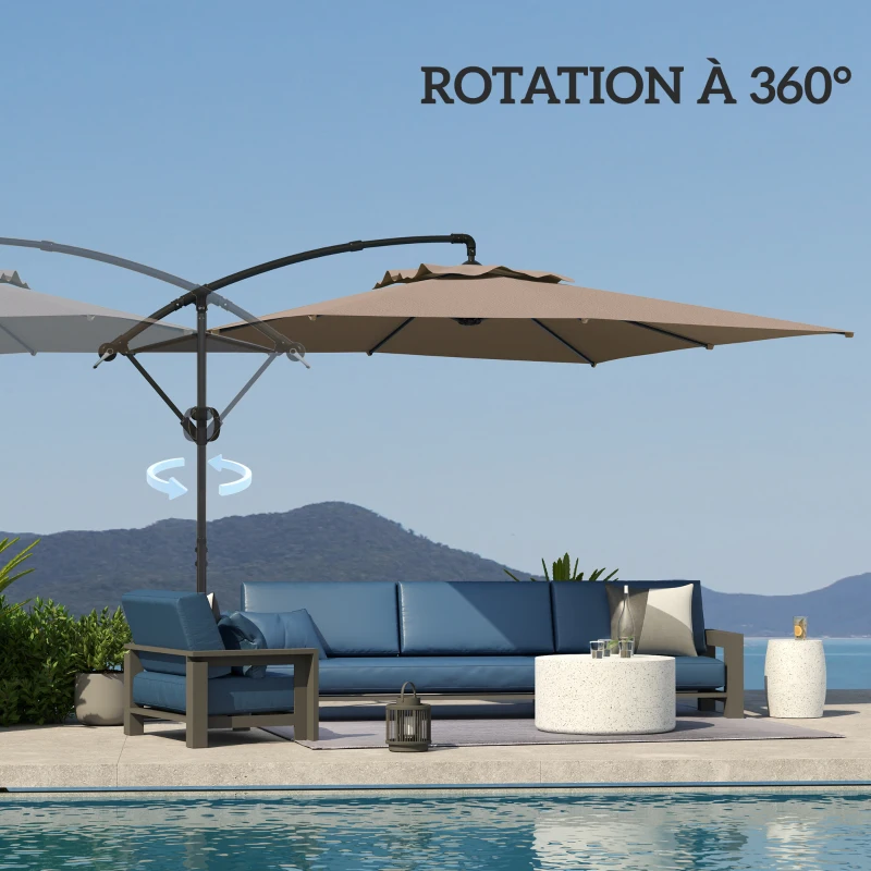 Outsunny Parasol déporté carré 3 x 3 m avec manivelle, base croisée, parasol inclinable et rotation à 360°, toile 180 g/m² kaki