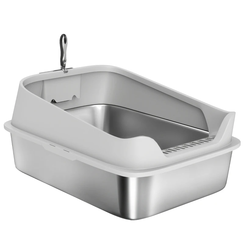 PawHut Katzentoilette Edelstahl Offene Katzenklo mit Schaufel hohem Rand für große Katzen bis 12 kg 69,8 x 50,3 x 29,8 cm Grau