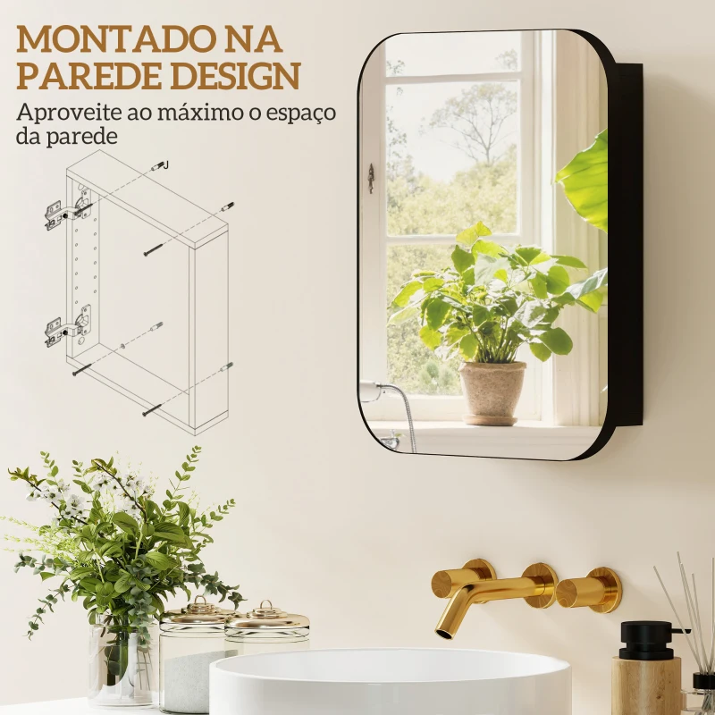 HOMCOM Armário de Casa de Banho com Espelho, Design com Bordas Arredondadas e Prateleiras Ajustáveis 40,2x10,2x50,9 cm Preto