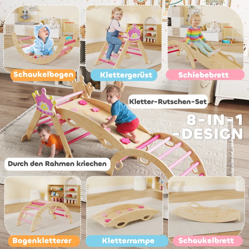 AIYAPLAY 8-in-1 Indoor-Klettergerüst für Kinder, Prinzessinnen-Design, Rutsche, Rampe, Bogen, Holz