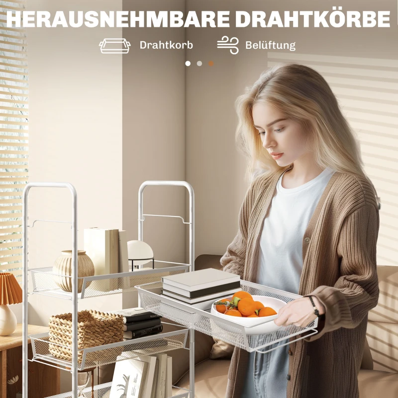 HOMCOM Keukentrolley met 5 draadmanden, 4 haken, 4 wielen, 2 handgrepen, staal/kunststof, 45x26,5x106 cm, wit