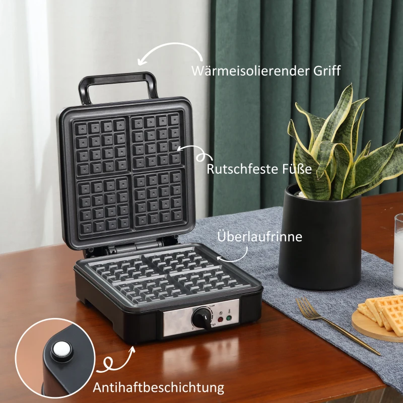 HOMCOM Waffeleisen 4 Waffeln mit antihaftbeschichteten Platten verstellbarer Temperatur rutschfeste Füße 1200W Aluminium Schwarz 24,5 x 31,6 x 11,3 cm