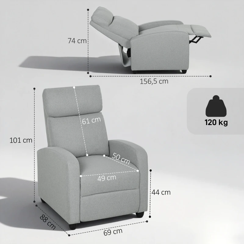 HOMCOM Relaxsessel, verstellbar 135°, ausziehbare Fußstütze, gepolsterte Lehnen, Leinen-Polyester, Hellgrau