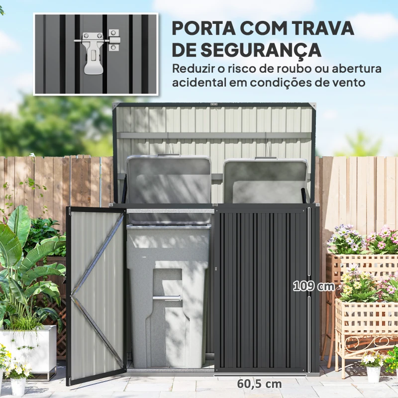 Outsunny Abrigo para Contentores de Lixo Duplo em Aço Galvanizado de 240L com Tampa Dobrável e Portas com Fecho Cinzento