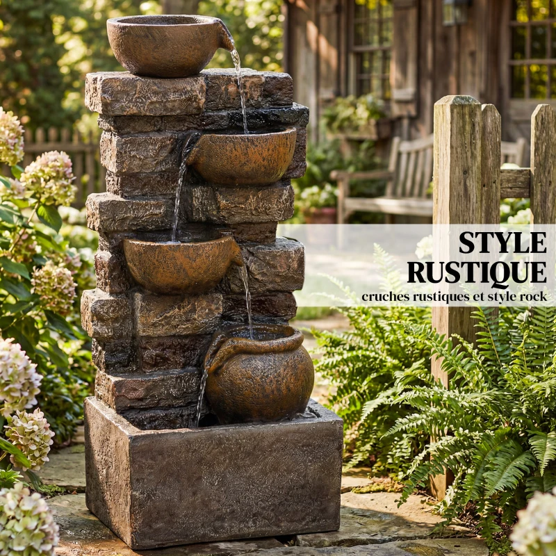 Outsunny Fontaine Extérieure avec 5 Niveaux de Pichets Rustiques et Design Roche, Cascade avec Lumières LED, Marron Rustique