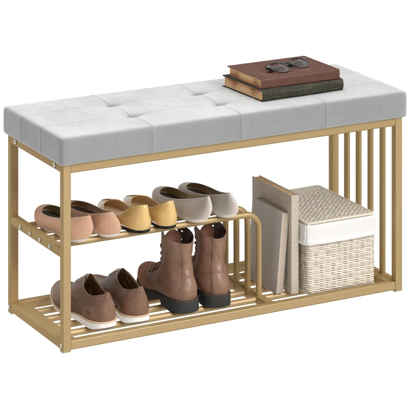 HOMCOM Bench and Shoe Storage, Tufted Shoe Storage Bench with Velvet Seat Cushion Gold Steel Frame for Entryway, Grey