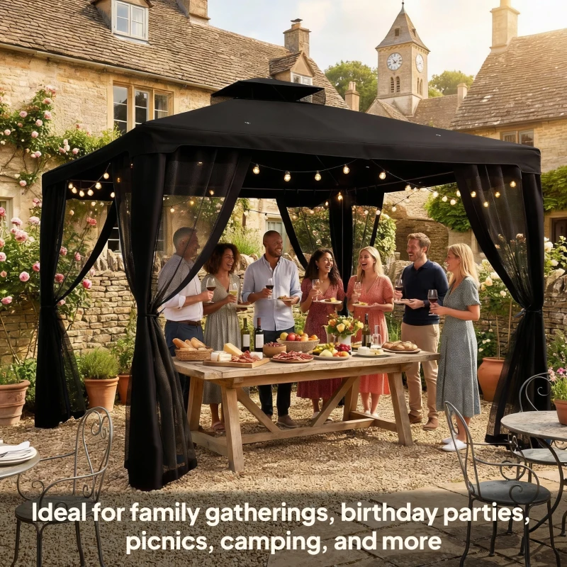 Outsunny 3 x 3 m Metal Gazebo, Garden Pavillion, Double Roof Outdoor Canopy Shelter with Mesh Sidewalls, Black