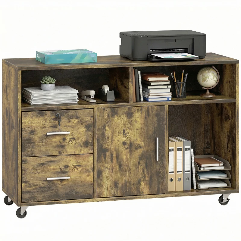 HOMCOM Mobile Porta Stampante a Rotelle con 2 Cassetti, 3 Ripiani e 2 Armadietti, in Legno, 100x35x65 cm, Marrone