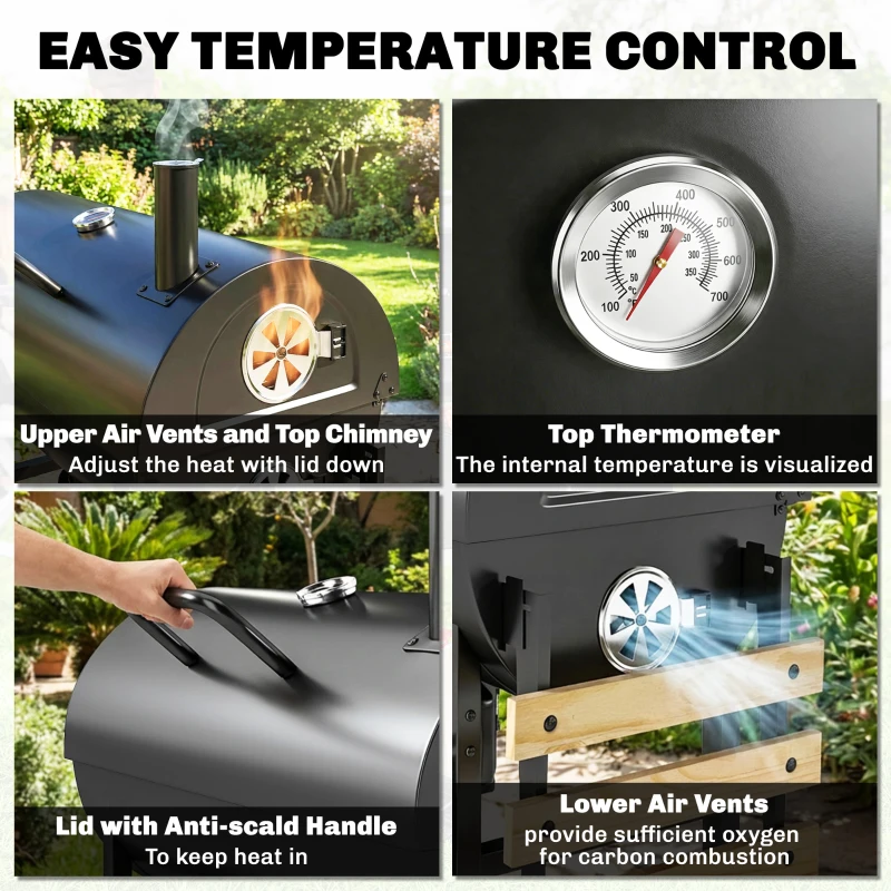 Outsunny Charcoal Grill, Barrel BBQ Smoker with Warming Rack, Charcoal BBQ Grill with Foldable Shelves, Natural Wood and Black