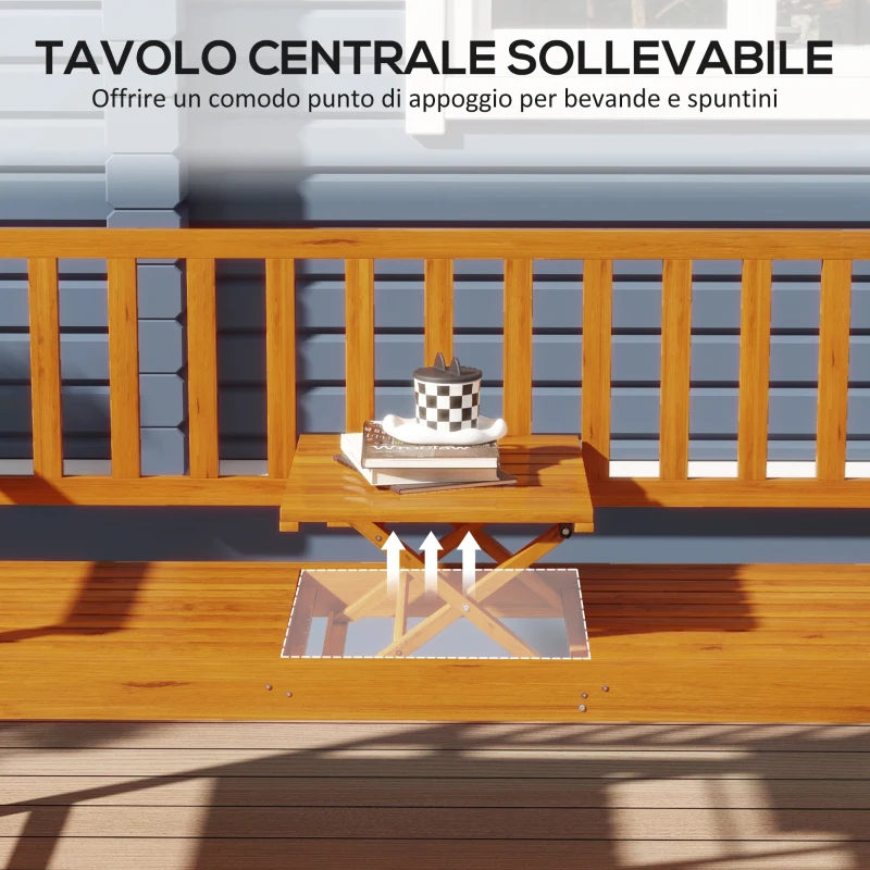 Outsunny Panchina da Giardino con Tavolino Centrale Sollevabile e Braccioli, in Legno, 153x56x91 cm, Marrone Chiaro