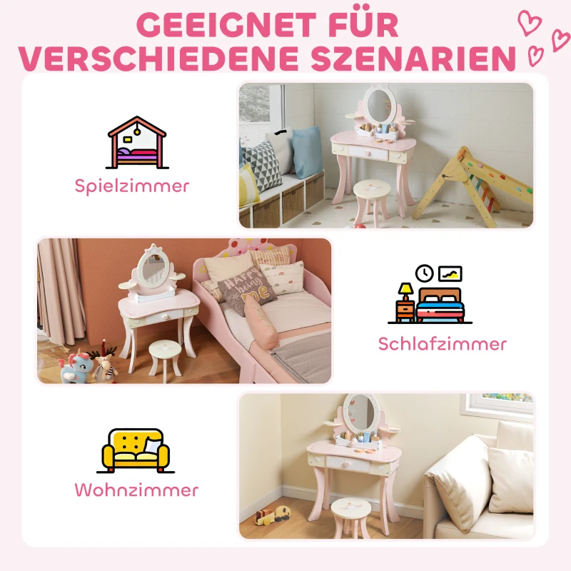 AIYAPLAY Kinderschminktisch, Stuhl, Schublade, abnehmbarer Spiegel, Kinderschreibtisch mit 7 Zubehörteilen, 2-in-1 Design, MDF, Rosa