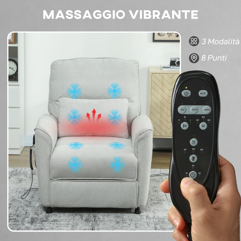 HOMCOM Poltrona Reclinabile con Riscaldamento, 8 Punti Massaggio e 5 Modalità, Tessuto Ciniglia, Grigio Chiaro
