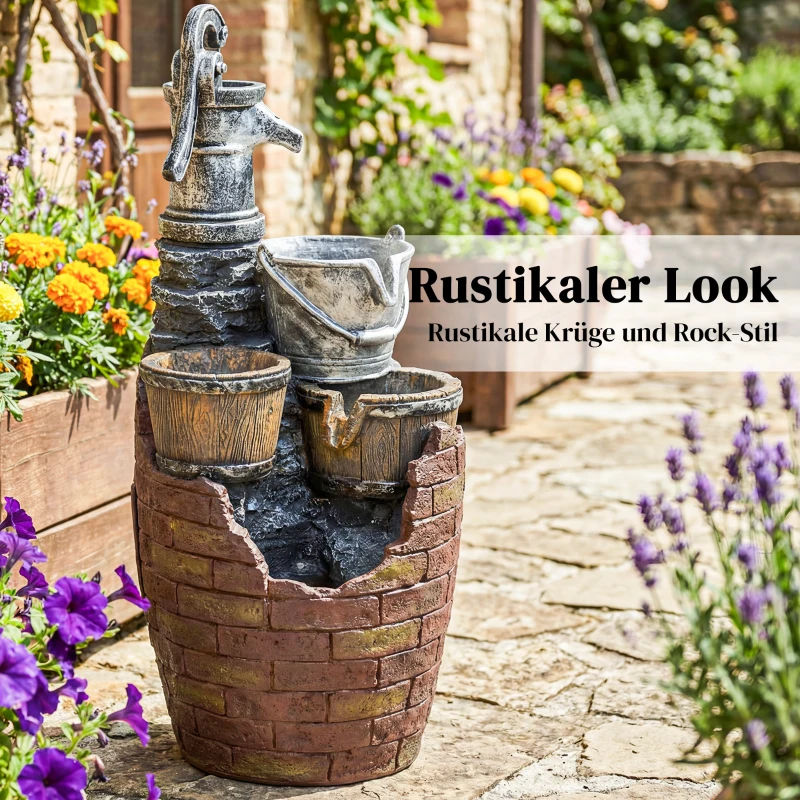 Outsunny Springbrunnen 4-stufig rustikal Gartenbrunnen mit LED Beleuchtung Pflanzkübel Pumpe, Verstellbar 34 x 31 x 76 cm