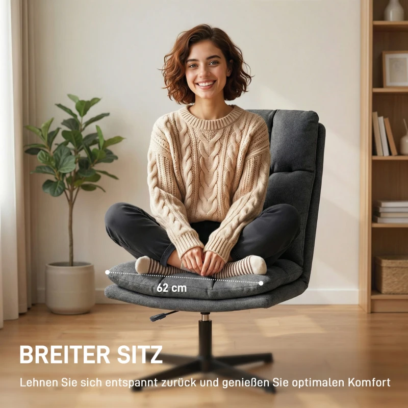 HOMCOM Drehbarer Akzentstuhl, Lesesessel aus Stoff in Leinenoptik ohne Armlehnen mit breitem Sitz und Metallbeinen, Dunkelgrau