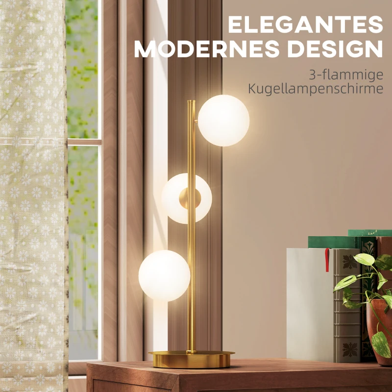 HOMCOM Tischlampe Tischleuchte mit 3 Kugelschirmen, mit stabilem Stahlfuß, G9-Fassungen, 24 x 24 x 53 cm, Messing