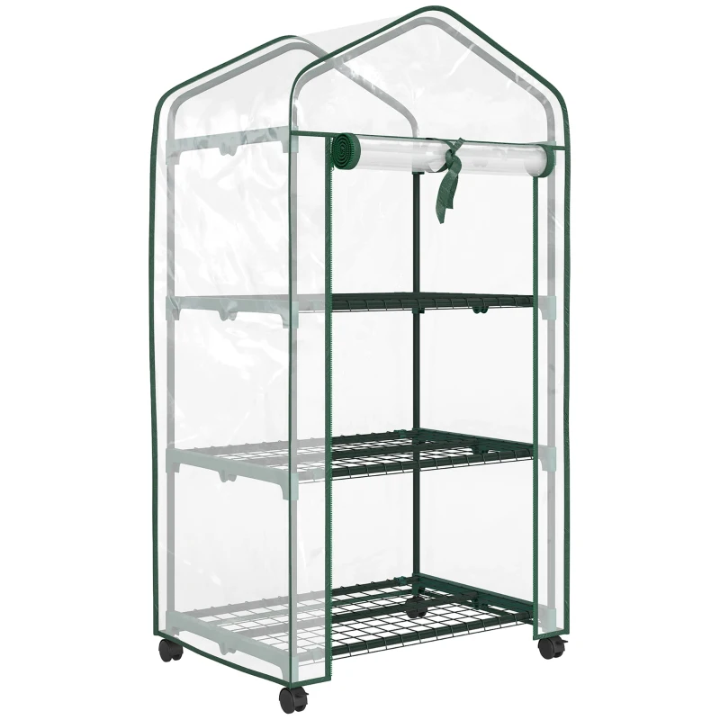 Outsunny Mini serre de jardin avec 3 étagères, bâche PVC haute densité, porte enroulable 4 roulettes 69 x 49 x 130 cm transparent