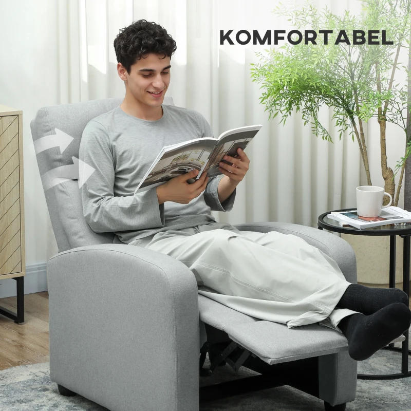 HOMCOM Relaxsessel, verstellbar 135°, ausziehbare Fußstütze, gepolsterte Lehnen, Leinen-Polyester, Hellgrau