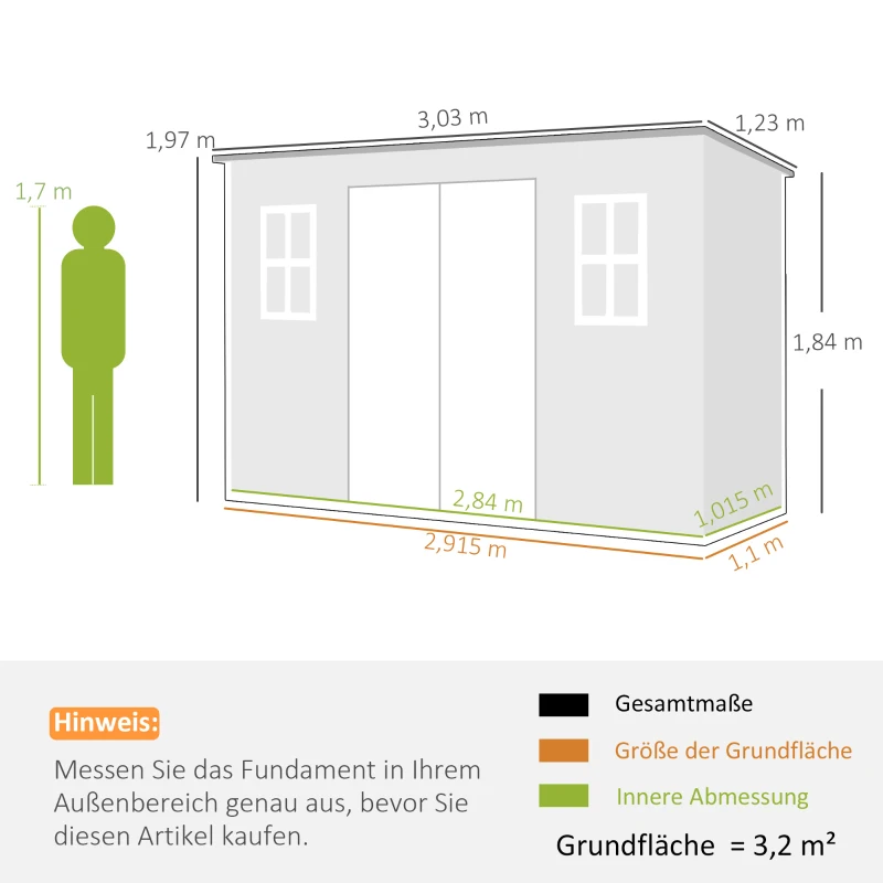 Outsunny Tuinhuisje 3,2m², Opslagschuur met Lessenaarsdak, 303x123x197cm met Ramen Afsluitbaar Deur Ventilatieopening Bodem