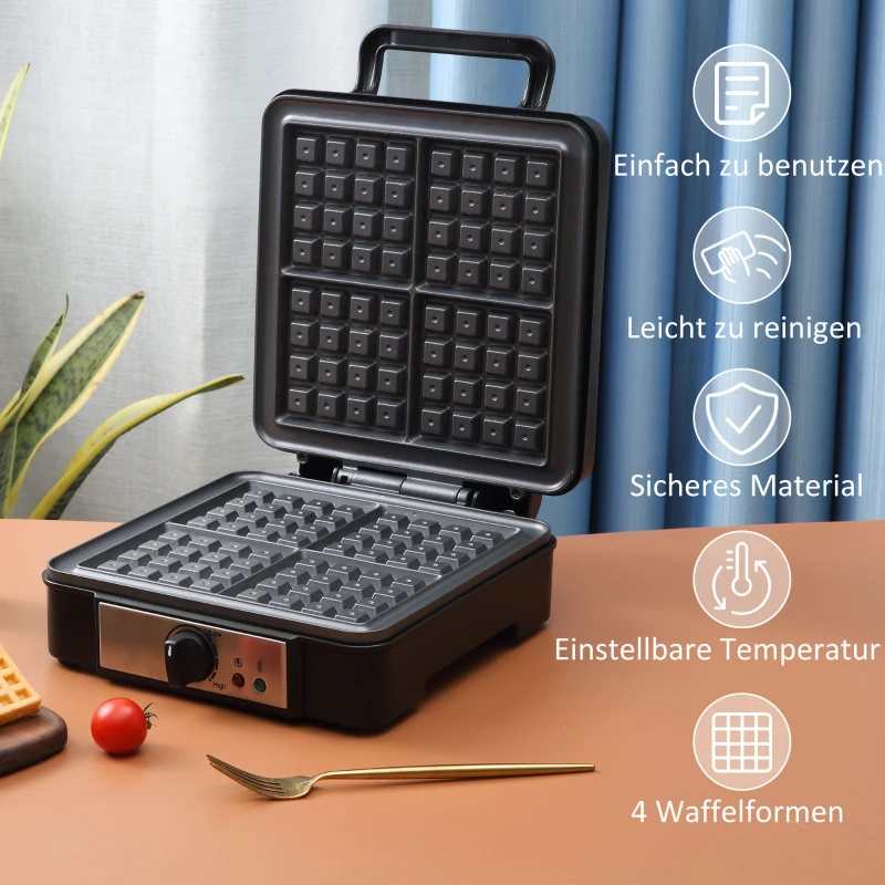 HOMCOM Waffeleisen 4 Waffeln mit antihaftbeschichteten Platten verstellbarer Temperatur rutschfeste Füße 1200W Aluminium Schwarz 24,5 x 31,6 x 11,3 cm