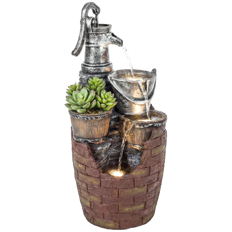 Outsunny Springbrunnen 4-stufig rustikal Gartenbrunnen mit LED Beleuchtung Pflanzkübel Pumpe, Verstellbar 34 x 31 x 76 cm