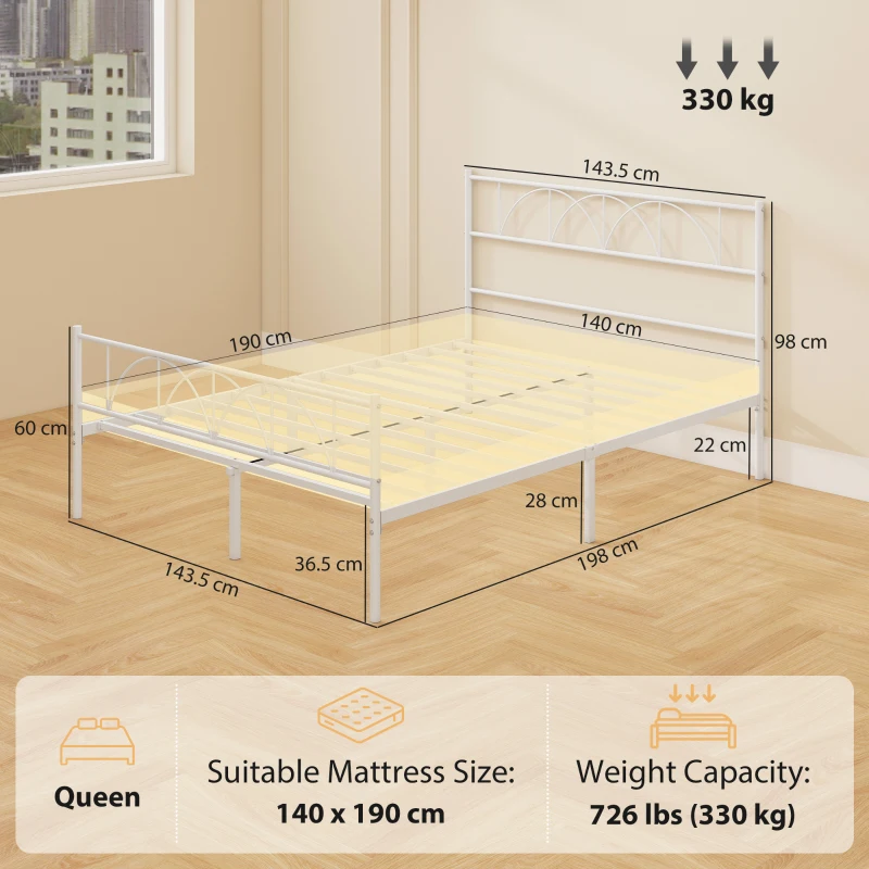 HOMCOM Struttura Letto con Testiera, Supporto a Doghe in Acciaio e Spazio di Stoccaggio Sotto il Letto, 141.5x198x98 cm, Bianco