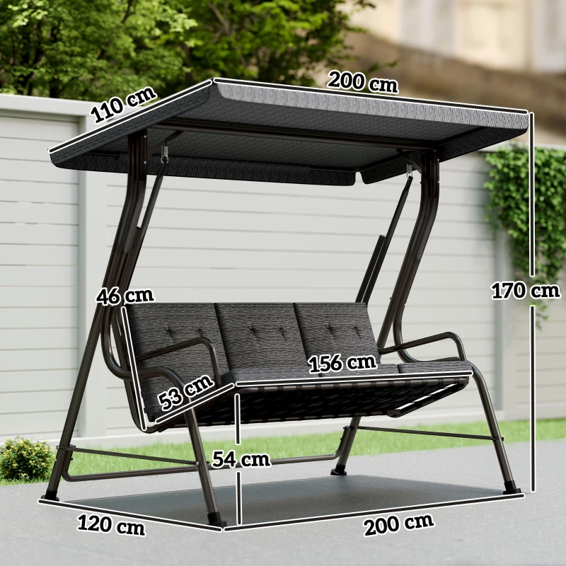 Outsunny Dondolo da Giardino per 3 Persone con Tettuccio Regolabile e Cuscini, 200x120x170cm, Nero