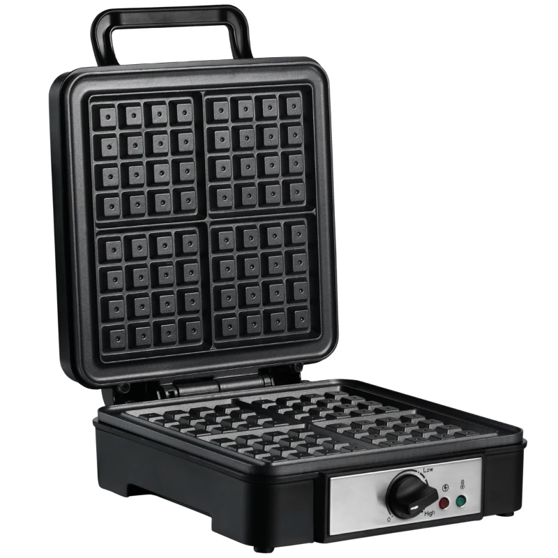 HOMCOM Waffeleisen 4 Waffeln mit antihaftbeschichteten Platten verstellbarer Temperatur rutschfeste Füße 1200W Aluminium Schwarz 24,5 x 31,6 x 11,3 cm