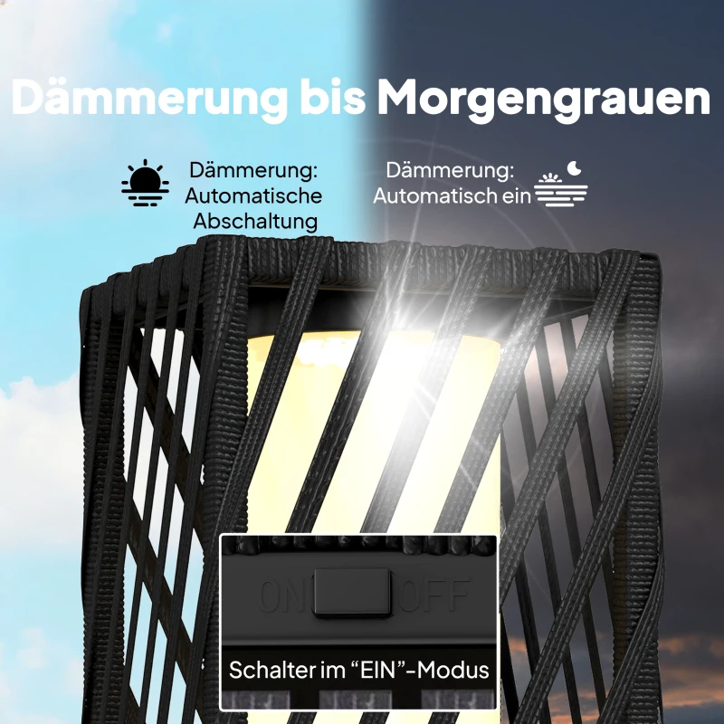 Outsunny Solar Stehlampe Rattan Solarlampen mit Automatische LED IP44 spritzwassergeschützte Solarleuchte 16x16x68 cm Schwarz