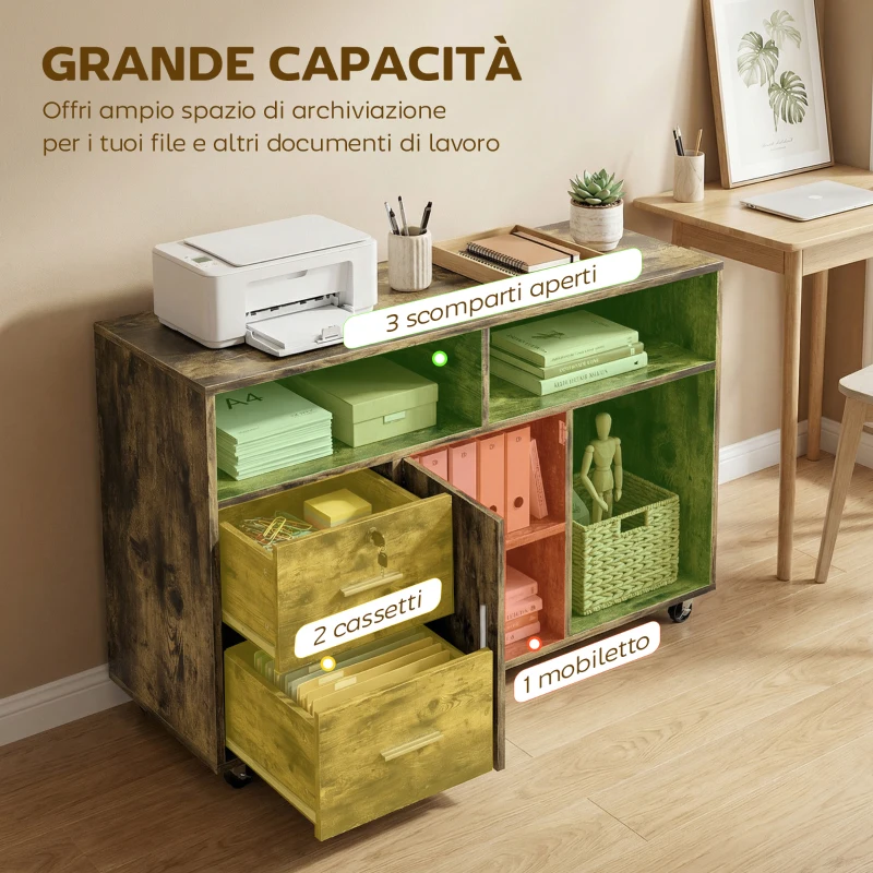 HOMCOM Mobile Porta Stampante a Rotelle con 2 Cassetti, 3 Ripiani e 2 Armadietti, in Legno, 100x35x65 cm, Marrone