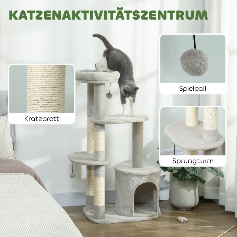 PawHut Kratzbaum 114 cm Katzenturm mit Höhle, Sisalstämme, Plattform, mehrstöckig ür mittelgroße Katzen unter 6 kg, Hellgrau