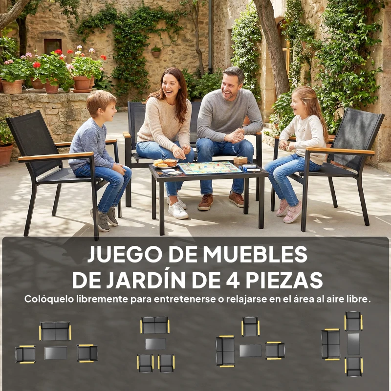 Outsunny Conjunto Jardín Exterior de 4 Piezas con Sofá de 2 Plazas 2 Sillones Mesa de Cristal Templado Tela Textilene Negro