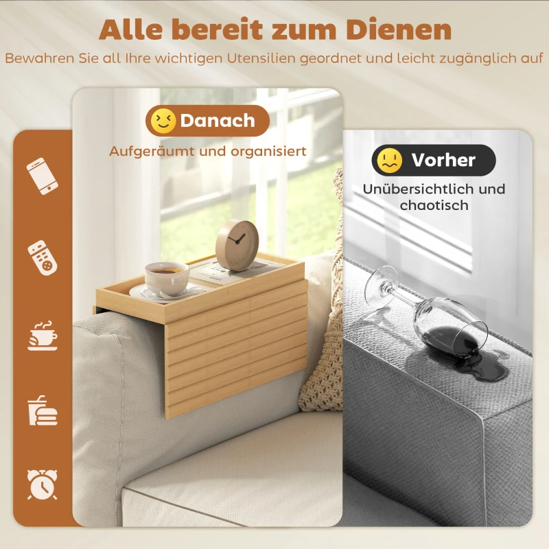 HOMCOM Armlehnen-Tablett für Sofas, für Getränke, Snacks, Fernbedienung, Bambusholz