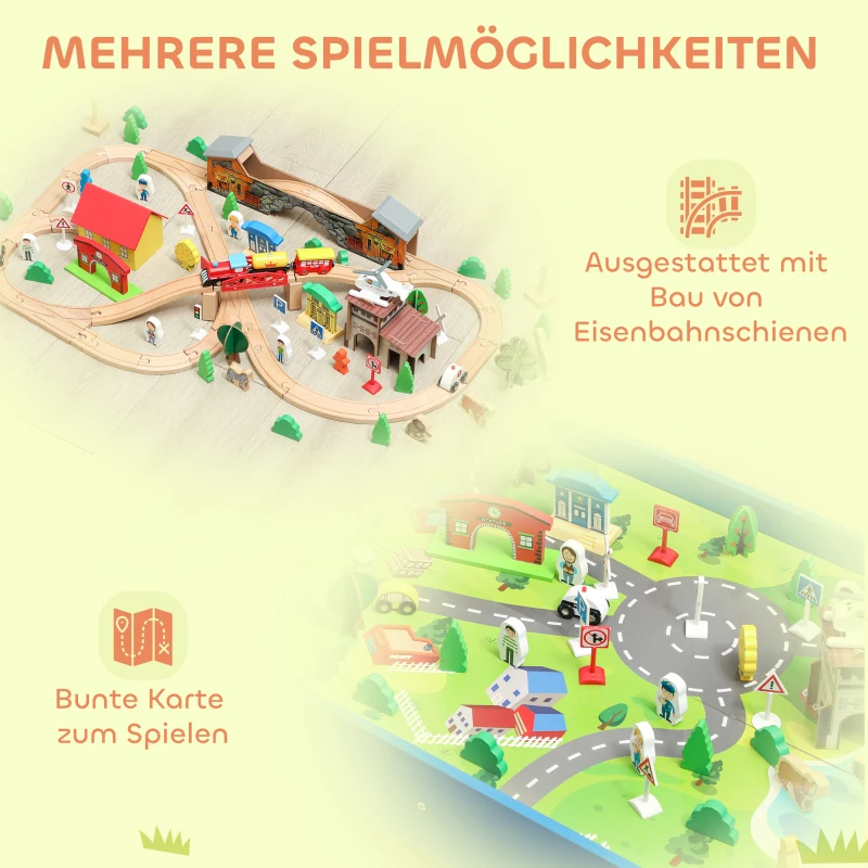 AIYAPLAY Spieltisch, 108-teiliges Eisenbahn-Set aus Holz, mit abnehmbarer Tischplatte, Eisenbahntisch, 98x60,5x40 cm, Blau