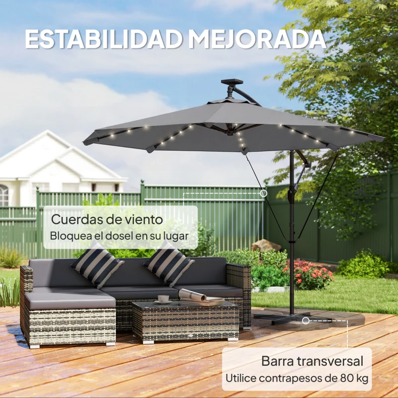 Outsunny Parasol Excéntrico con Luces LED Solares 330x295 cm Sombrilla con Base Cruzada Manivela Funda Protectora Gris Oscuro