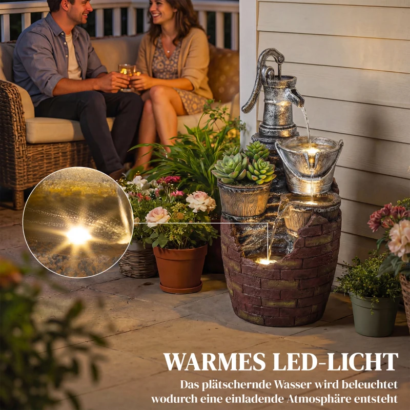 Outsunny 4-laags rustieke tuinfontein met LED-verlichting, plantenbak en verstelbare pomp, 34 x 31 x 76 cm
