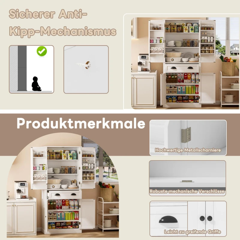 Aufbewahrungsschrank 182cm hoch mit 4 Türen 1 Schublade, 6 Staufächer 4 verstellbare Ablageflächen für Küche Wohnzimmer Weiß