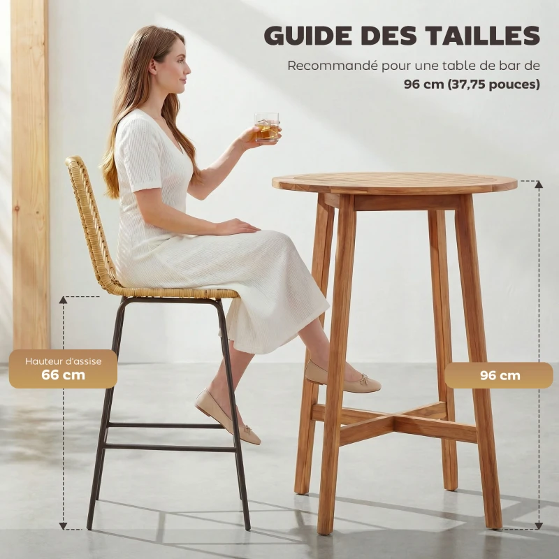 HOMCOM Lot de 2 tabourets de bar design bohème Hauteur 66 cm avec repose-pieds métal et rotin PE - naturel