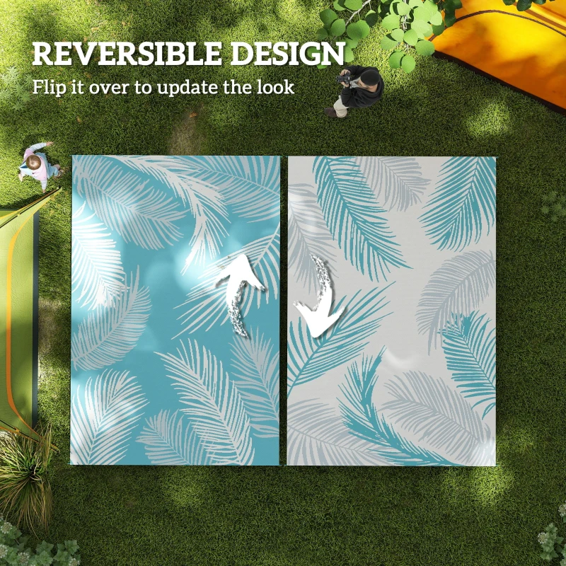 Outsunny Buitenkleed omkeerbaar robuust weerbestendig met draagtas en grondverankering 274 x 182 cm Lichtblauw+Wit