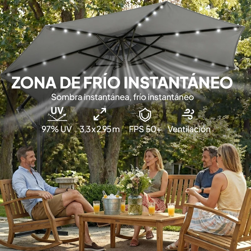 Outsunny Parasol Excéntrico con Luces LED Solares 330x295 cm Sombrilla con Base Cruzada Manivela Funda Protectora Gris Oscuro