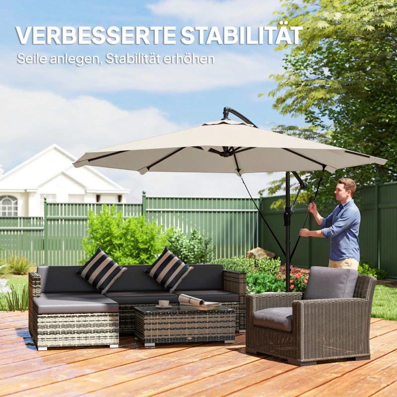 Outsunny Zweefparasol Ø300 cm Kantelbaar Parasol met Draaimechanisme Kruisvoet Windkoorden Beschermhoes Crème