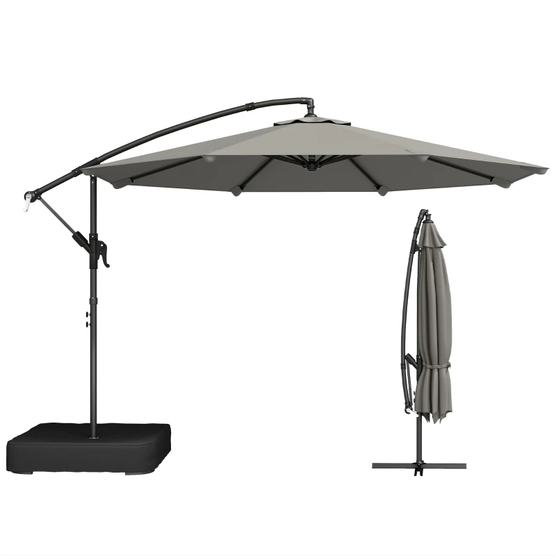 Outsunny Parasol cu braț lateral pentru grădină 300 cm cu bază în cruce, sac de nisip, parasol tip banană rotativ 360°, gri