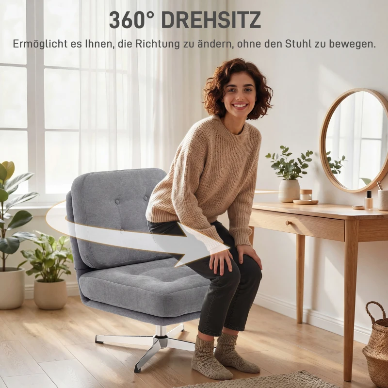 HOMCOM Drehbarer Akzentstuhl, gepolsterter Lesesessel mit Chenille, breitem Sitz, Federkissen und Metallbeinen, Hellgrau
