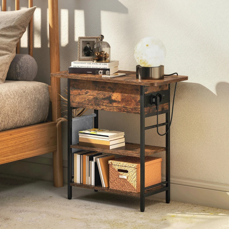 HOMCOM Slim Side Table with Charging Station, Industrial Narrow Bedside Table with Power Outlets & USB Ports, Storage Bag, for Bedroom, Living Room, Rustic Brown