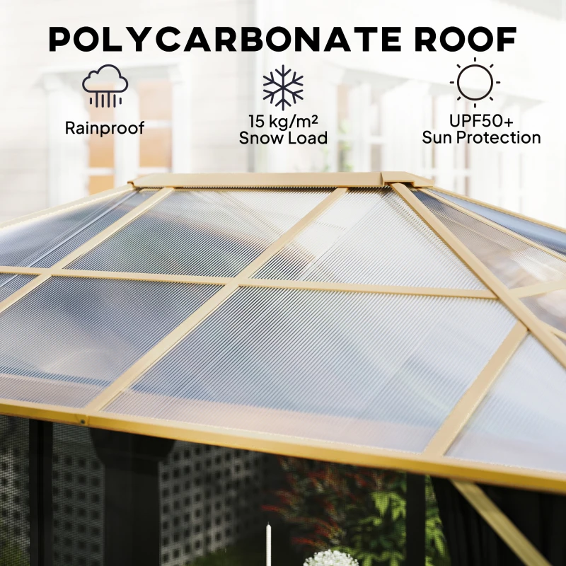 Outsunny Tuinpaviljoen ca. 4x3m aluminium paviljoen met polycarbonaat dak 6 mm muggennet 4 zijpanelen houtlook natuurlijk hout