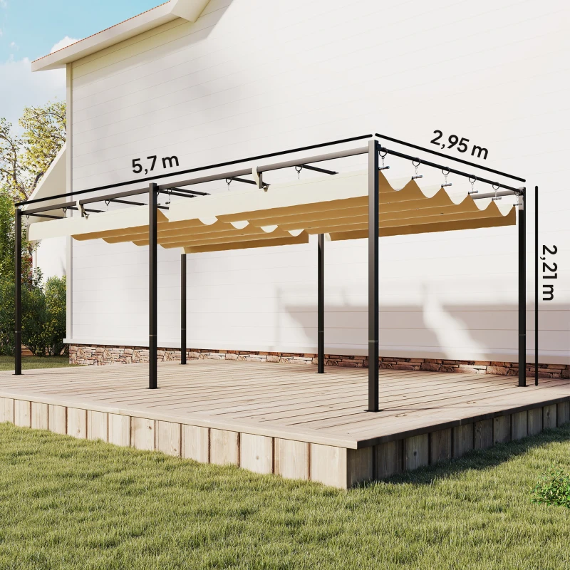 Outsunny Pérgola 5,7 m x 2,95 m con Techo Retráctil, Refugio de Jardín con Protección UV50+, Beige