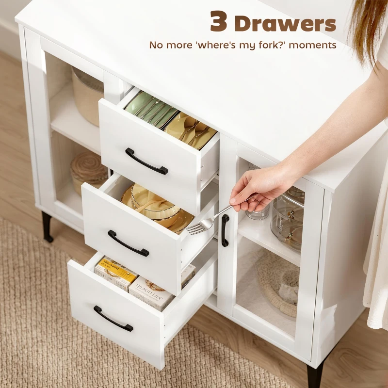 HOMCOM Nowoczesna komoda z zawiasami soft-close, szafka z 3 szufladami, 2 szklanymi drzwiami, regulowanymi półkami, MDF, biała