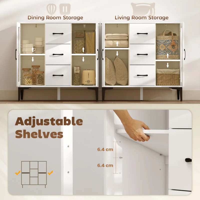 HOMCOM Nowoczesna komoda z zawiasami soft-close, szafka z 3 szufladami, 2 szklanymi drzwiami, regulowanymi półkami, MDF, biała