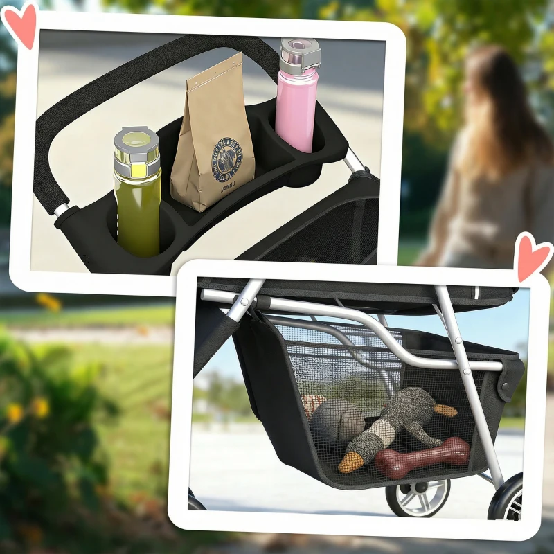 PawHut Hondenwagen Opvouwbaar Hondenbuggy met Opbergmand, Kussen, Netvenster en Bekerhouder voor Kleine Honden tot 10kg, Zwart