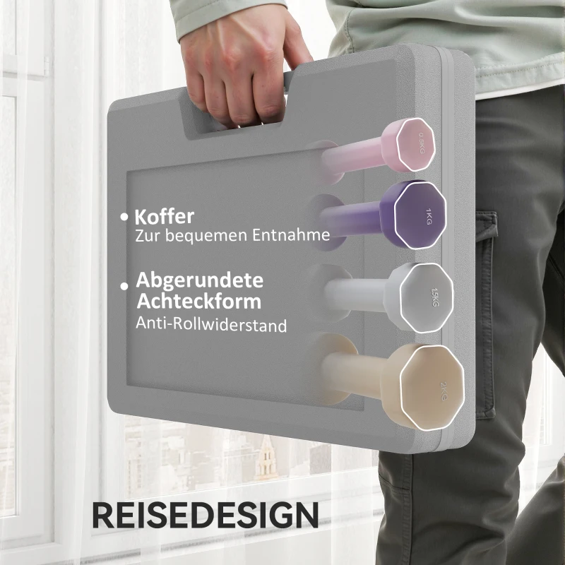 HOMCOM Hantelset 4 Paar 0,5kg-10kg Hanteln mit Koffer, Hantel-Set aus Gusseisen, Hexagon
